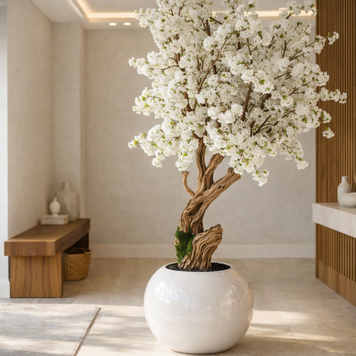 Cerejeira Escultural Personalizada no Vaso Globo Branco Brilhante