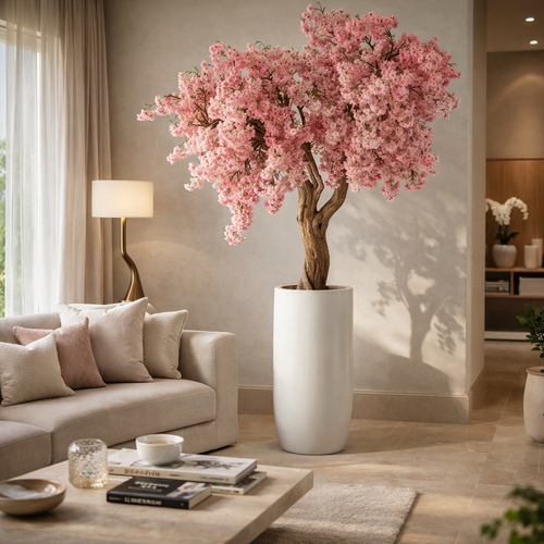 Cerejeira Rosa Escultural Personalizada no Vaso St. Tropez Branco Fosco