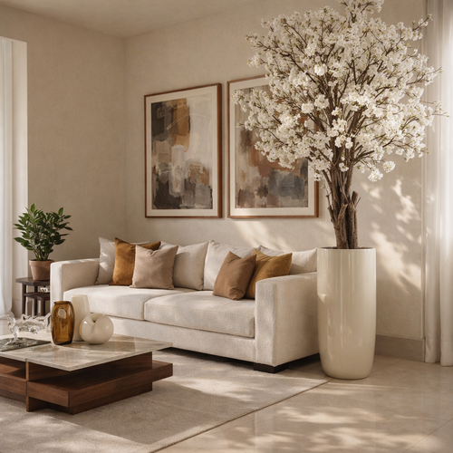 Arvore Magnólia Branca Escultural no Vaso St. Tropez Bege Brilhante