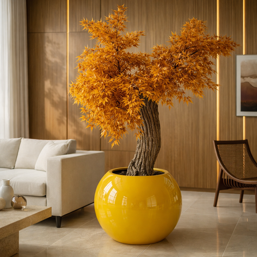 Bordo Japonês Escultural no Vaso Globo Amarelo Brilhante