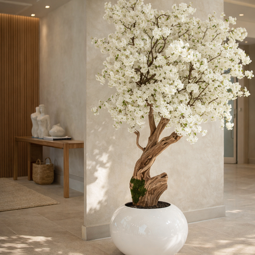 Cerejeira Escultural Personalizada no Vaso Globo Branco Brilhante