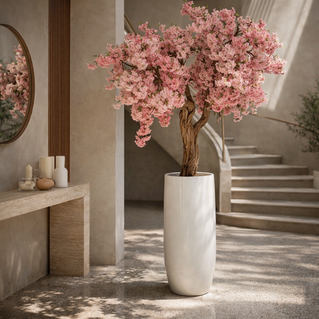 Cerejeira Rosa Escultural Personalizada no Vaso St. Tropez Branco Fosco