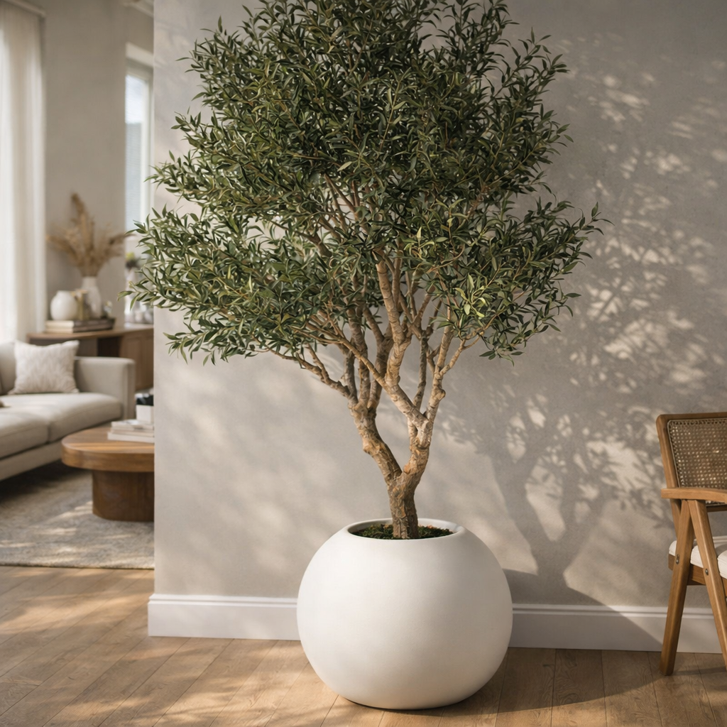 Oliveira Escultural de Grande Porte no Vaso Bege Fosco