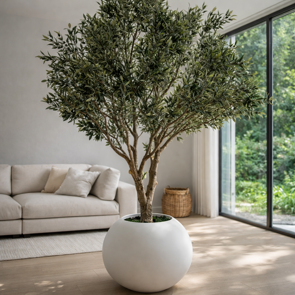 Oliveira Escultural de Grande Porte no Vaso Bege Fosco